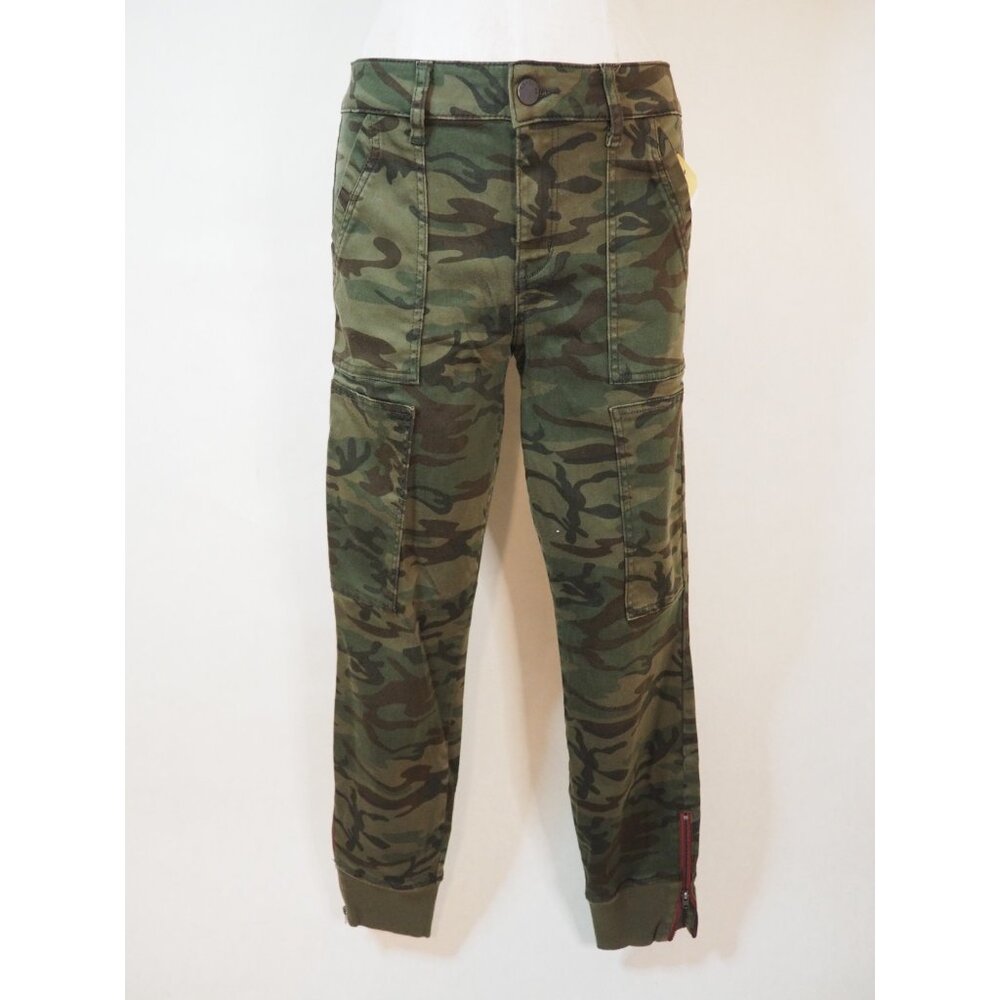 Level 99 Green & Brown Camo Straight Skinny Cargo Zipper Ankle Jeans, Size 26